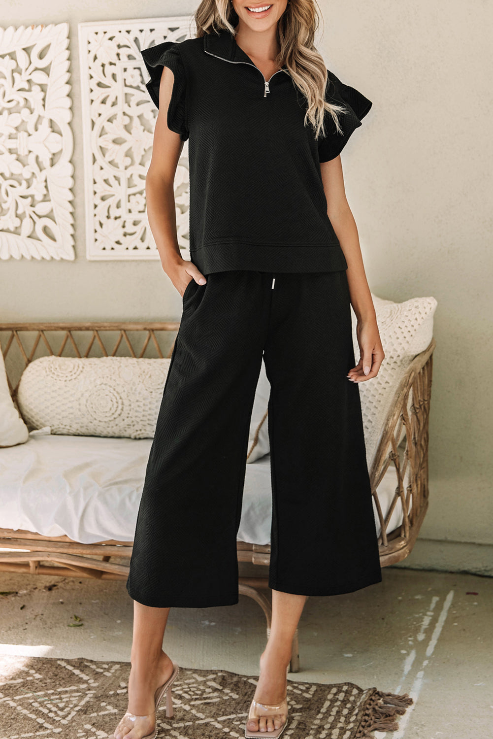 Black Textured Flutter Sleeve Top Wide Leg Pants Set-Two Piece Sets/Pant Sets-[Adult]-[Female]-2022 Online Blue Zone Planet