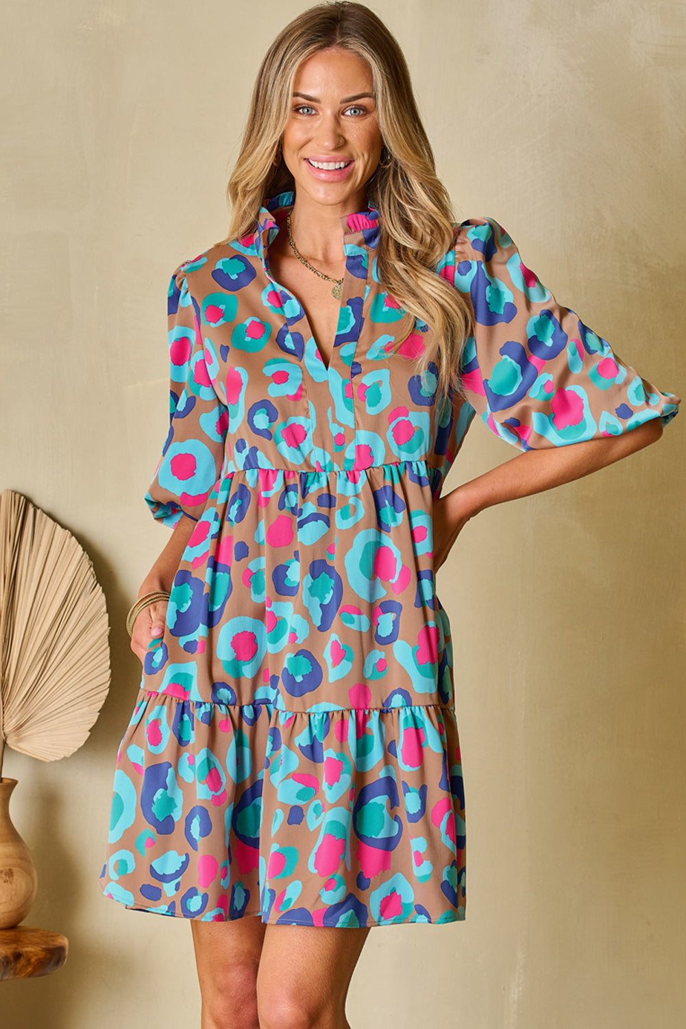 Blue Zone Planet |  Green Leopard Print Bubble Sleeve Slit Neck Ruffled Dress Blue Zone Planet