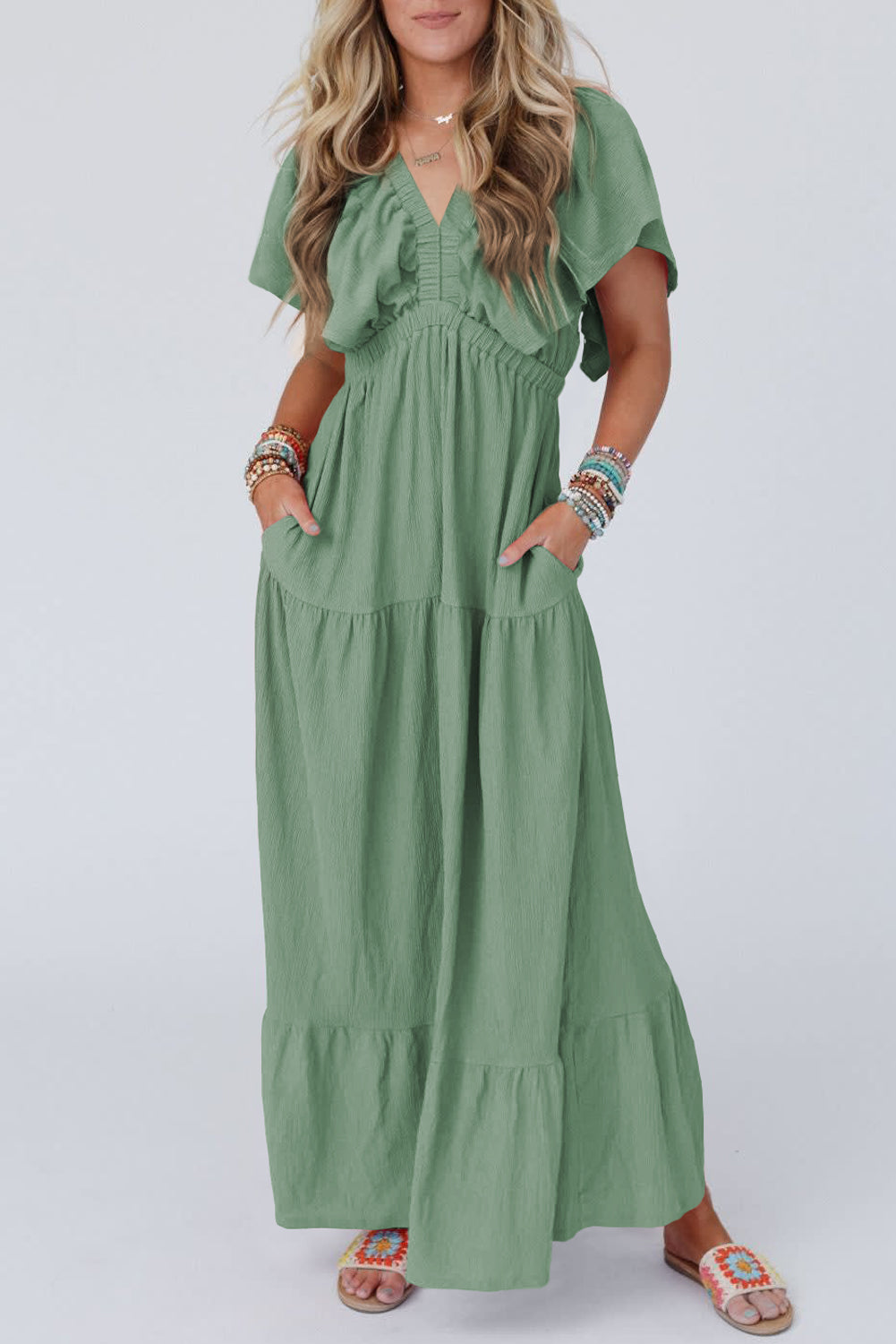 Grass Green Textured V Neck Flutter Sleeve Ruffled Maxi Dress-Dresses/Maxi Dresses-[Adult]-[Female]-Grass Green-S-2022 Online Blue Zone Planet