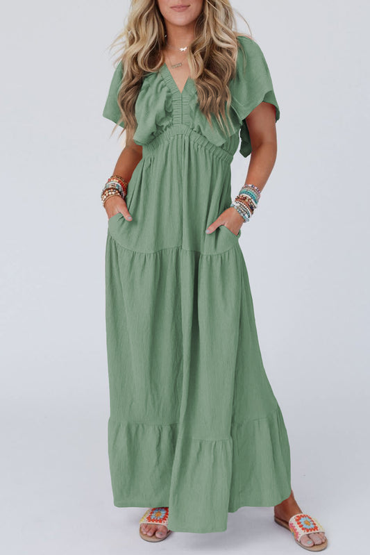 Grass Green Textured V Neck Flutter Sleeve Ruffled Maxi Dress-Dresses/Maxi Dresses-[Adult]-[Female]-Grass Green-S-2022 Online Blue Zone Planet