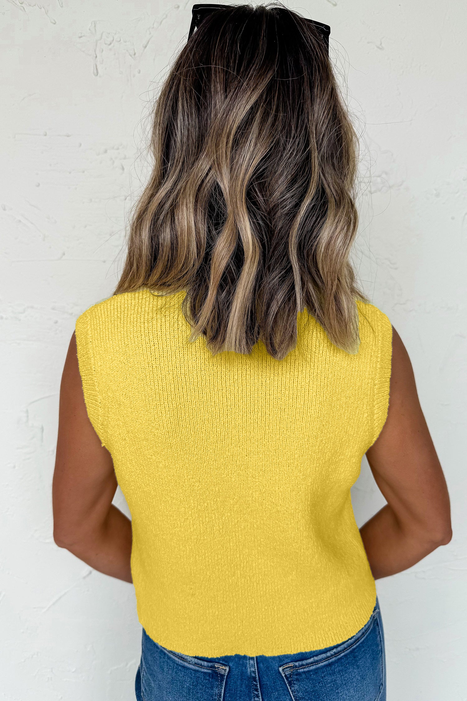 Yellow Cream Solid Color Sleeveless Knit Button Pocketed Sweater-Sweaters & Cardigans/Sweater Vests-[Adult]-[Female]-2022 Online Blue Zone Planet