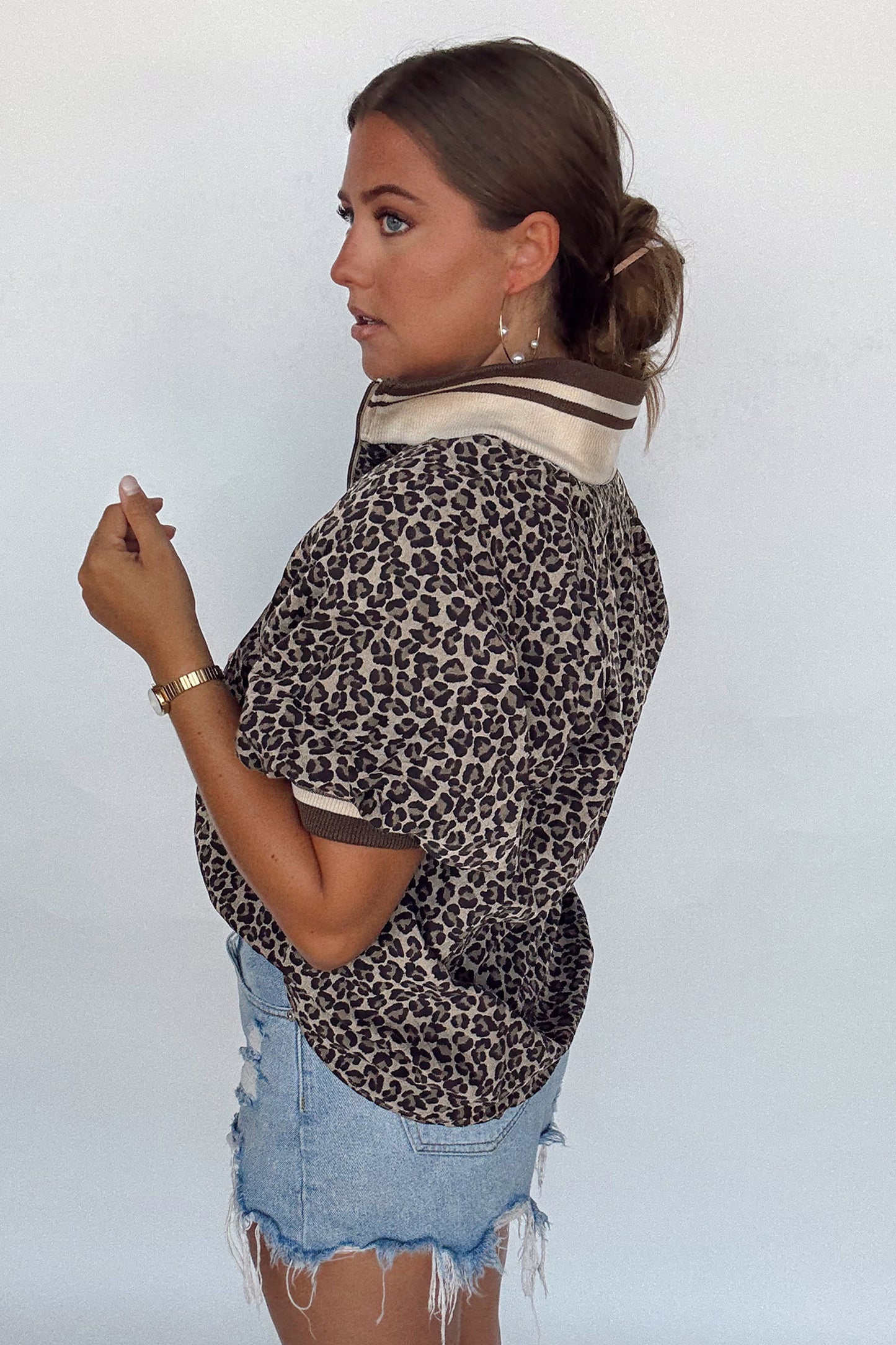 Khaki Leopard Print Half Zip Striped Trim Patchwork Short Sleeve Top-Tops/Blouses & Shirts-[Adult]-[Female]-2022 Online Blue Zone Planet