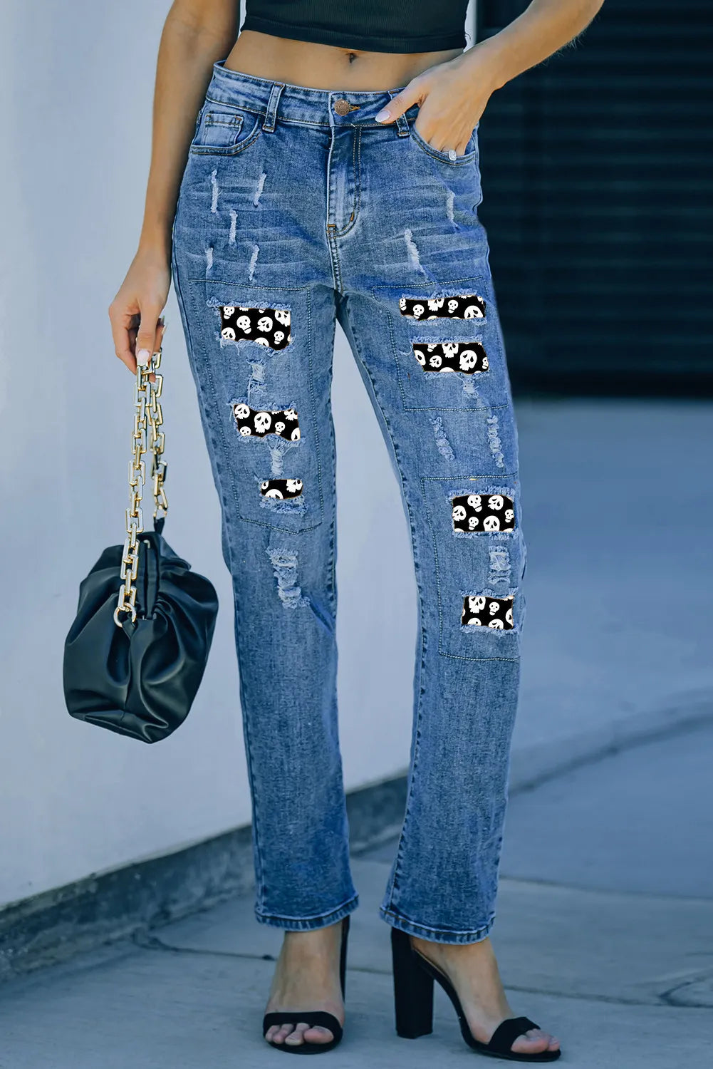 Distressed Skeleton Pattern Jeans with Pockets-TOPS / DRESSES-[Adult]-[Female]-2022 Online Blue Zone Planet