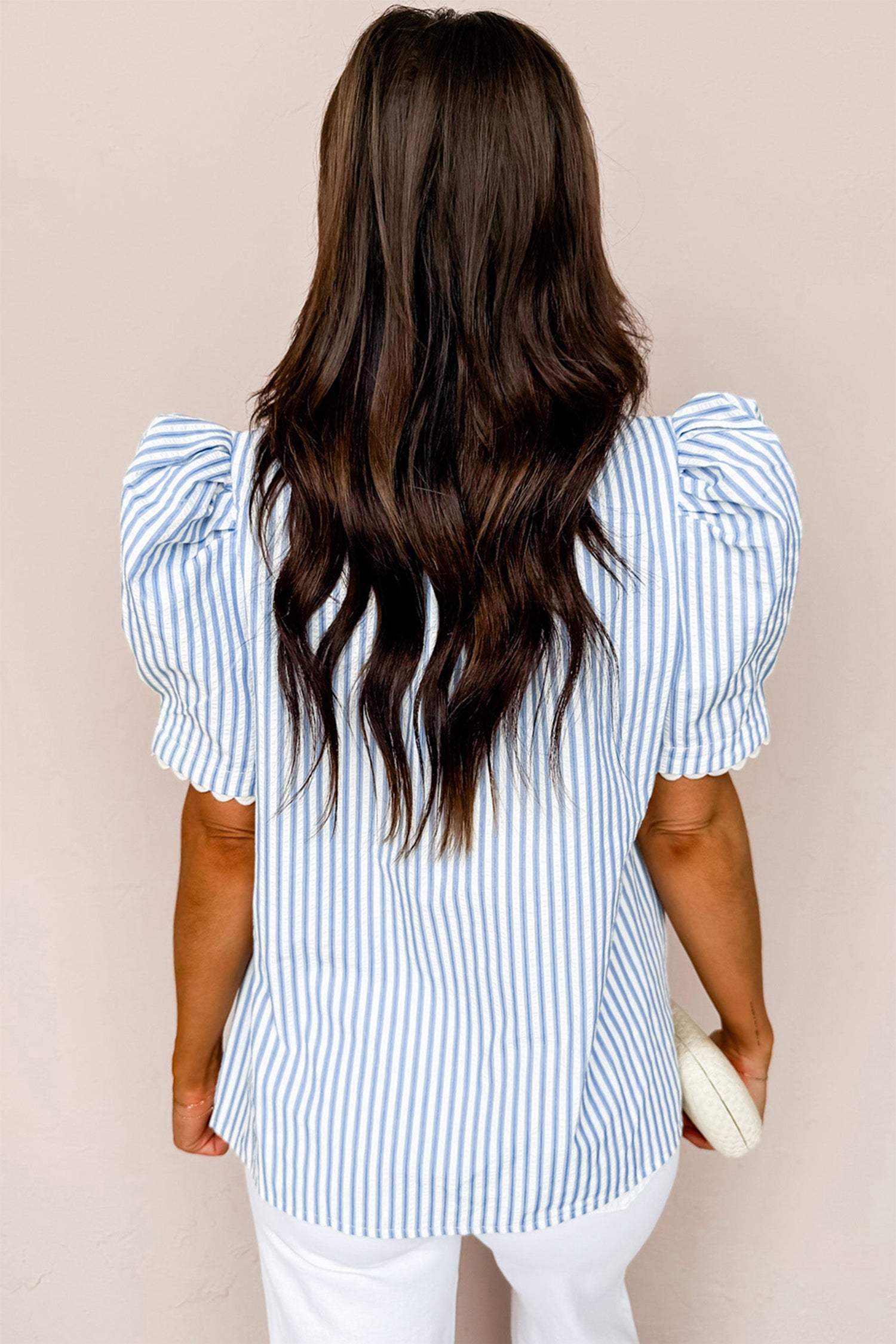 Sky Blue Stripe Ricrac Trim Short Puff Sleeve Leopard Patchwork Collar V Neck Blouse-Tops/Blouses & Shirts-[Adult]-[Female]-2022 Online Blue Zone Planet