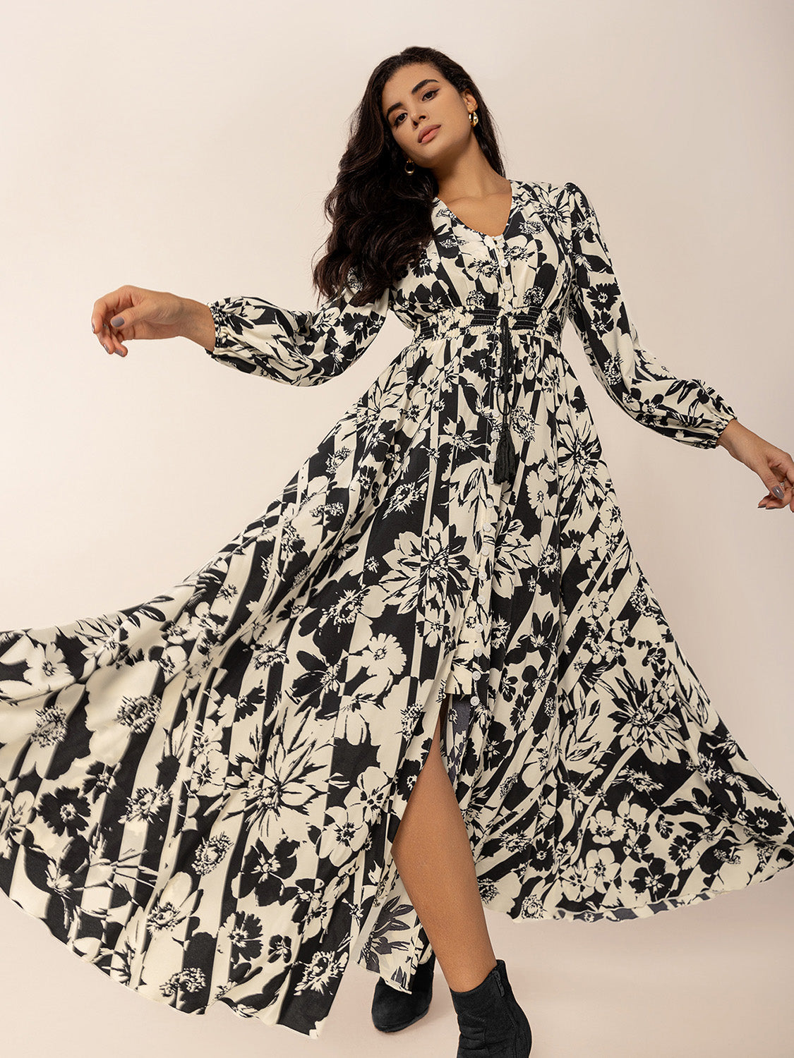 Tied Printed V-Neck Long Sleeve Midi Dress-TOPS / DRESSES-[Adult]-[Female]-2022 Online Blue Zone Planet