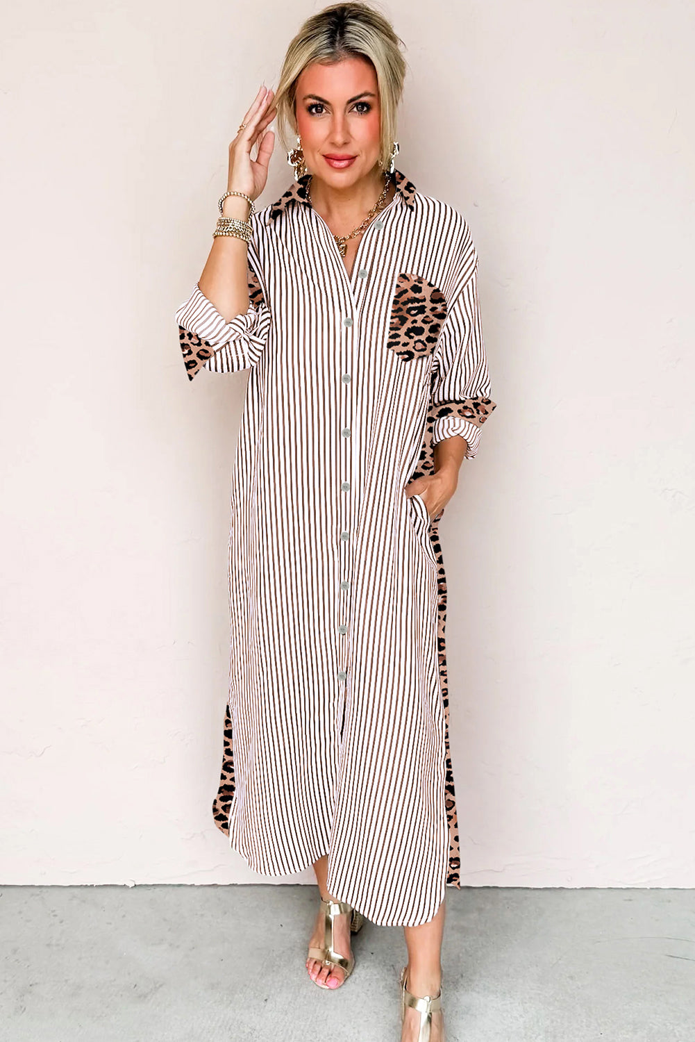 Brown Stripe Contrast Leopard Patchwork Long Shirt Dress with Slits-TOPS / DRESSES-[Adult]-[Female]-2022 Online Blue Zone Planet