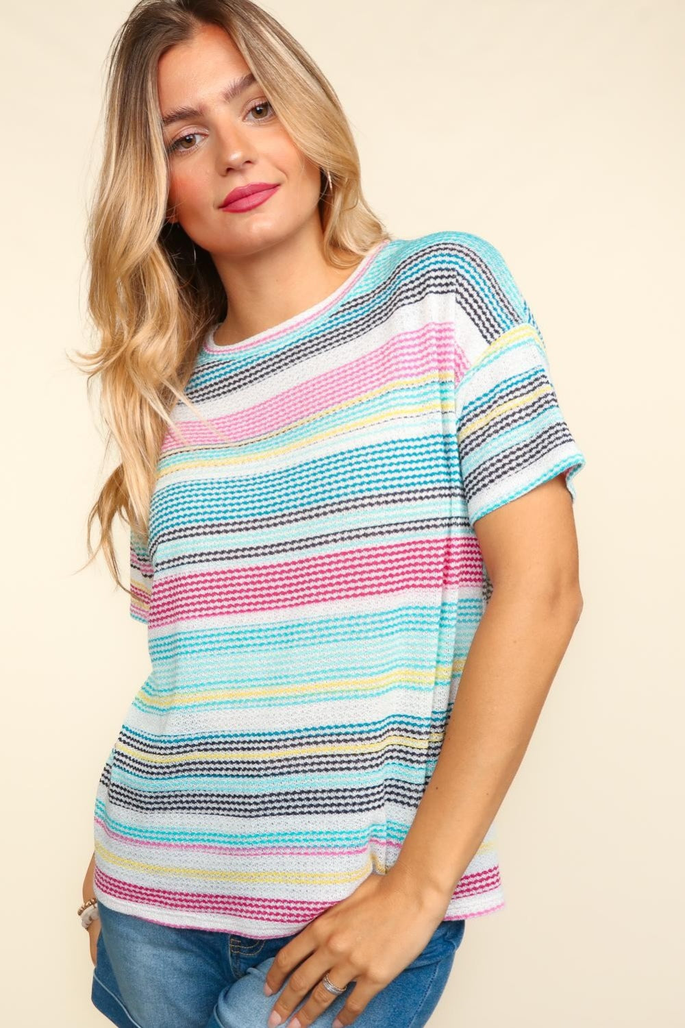 Haptics Waffle Stripe Short Sleeve T-Shirt-TOPS / DRESSES-[Adult]-[Female]-2022 Online Blue Zone Planet