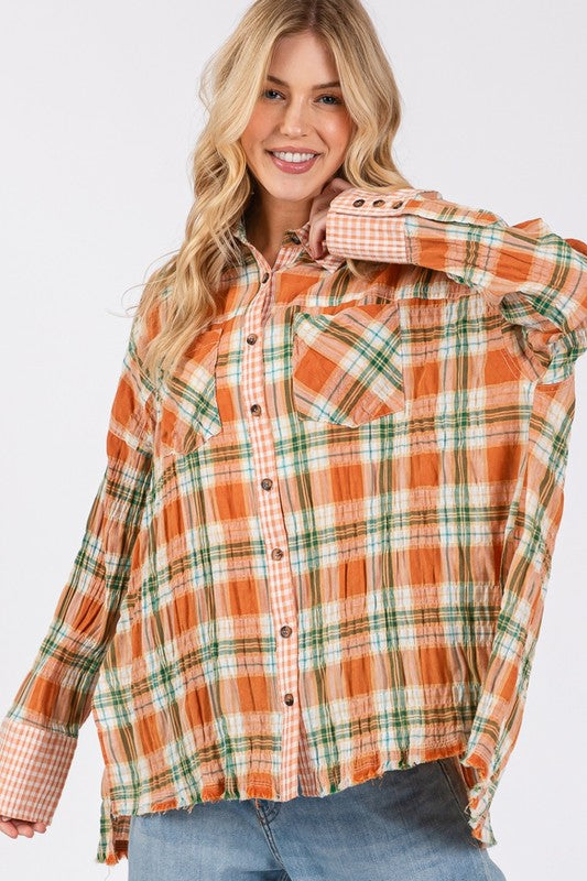 SAGE + FIG Side Slit Plaid Button Down Long Sleeve Shirt-TOPS / DRESSES-[Adult]-[Female]-2022 Online Blue Zone Planet