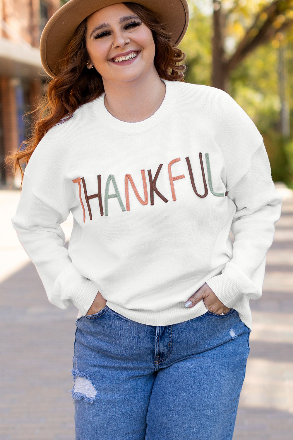 Blue Zone Planet | White Plus Size Thankful Ivory Embroidered Sweater-Plus Size/Plus Size Sweaters & Cardigans-[Adult]-[Female]-2022 Online Blue Zone Planet