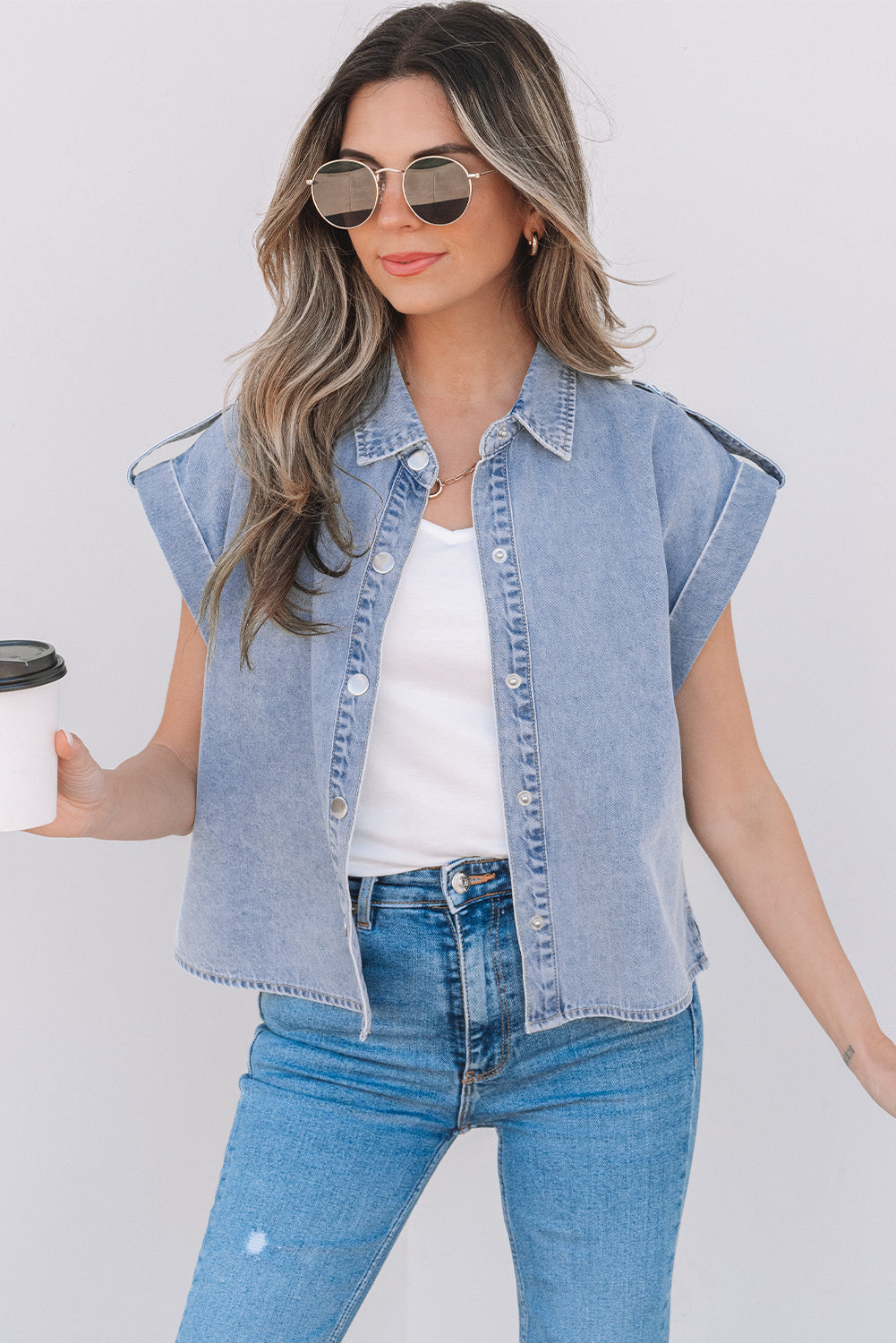 Dusk Blue Denim Pinup Folded Cap Sleeve Shirt-Tops/Blouses & Shirts-[Adult]-[Female]-Dusk Blue-S-2022 Online Blue Zone Planet