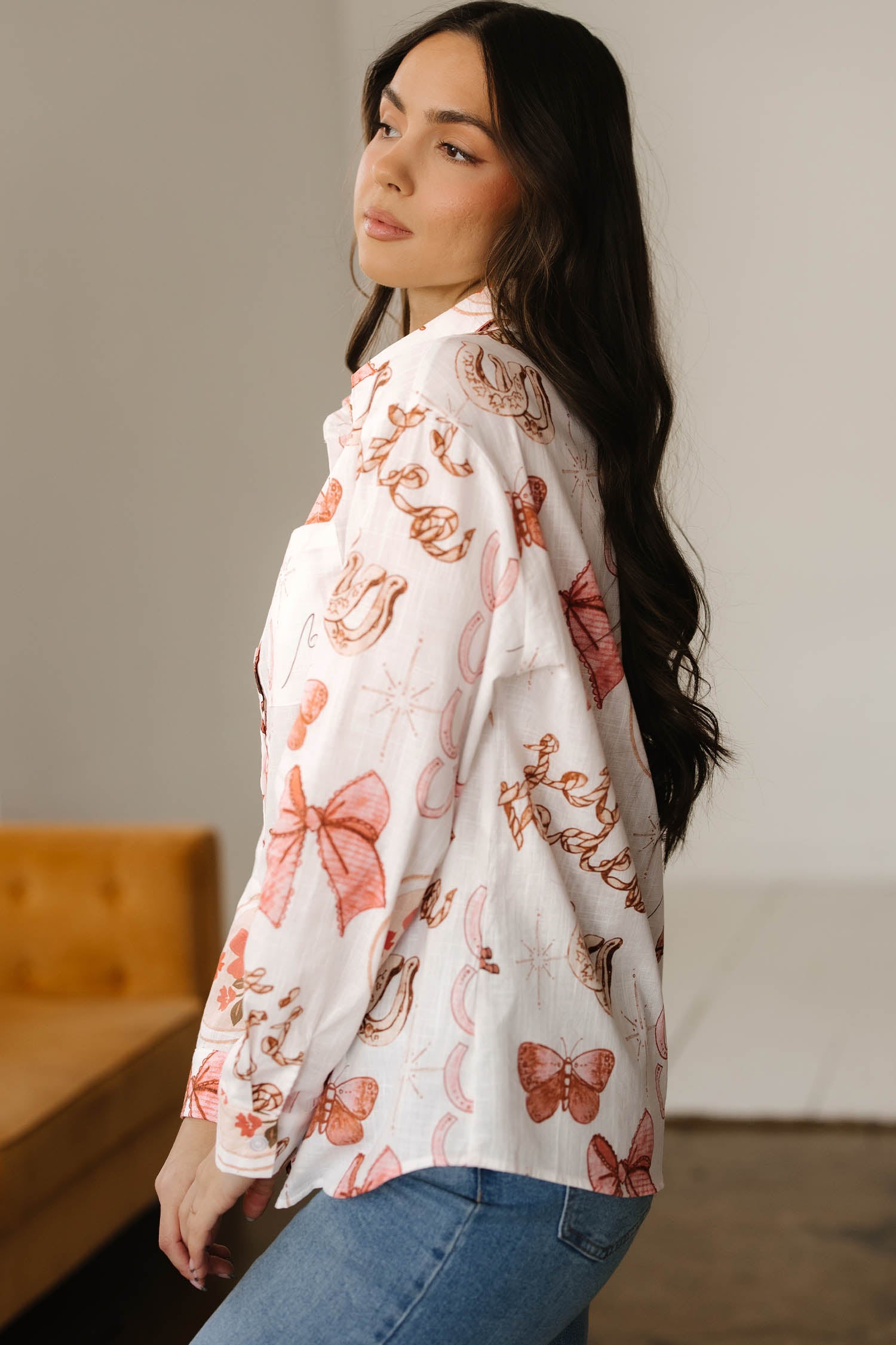 White Rodeo Cowgirl Print Western Button up Shirt-Tops/Blouses & Shirts-[Adult]-[Female]-2022 Online Blue Zone Planet