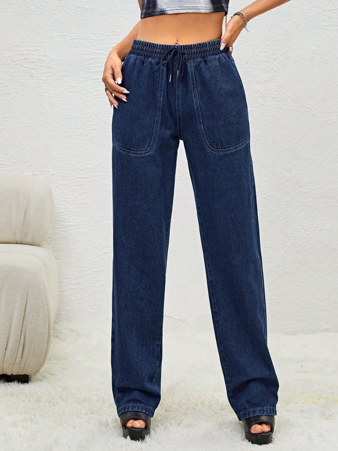 Drawstring Elastic Waist Jeans with Pockets-[Adult]-[Female]-2022 Online Blue Zone Planet