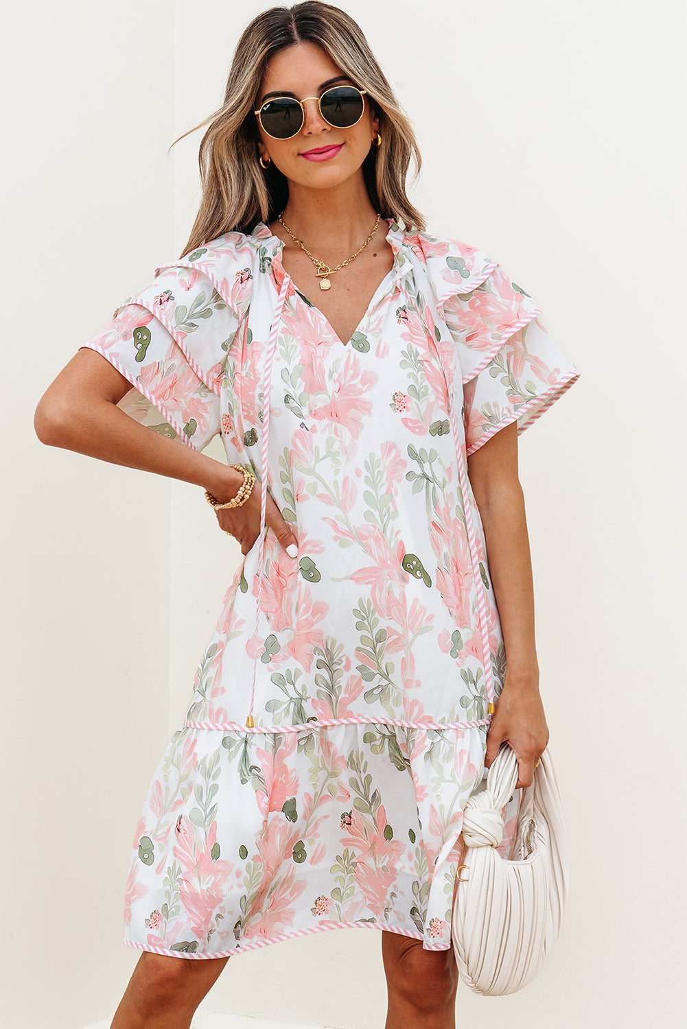 Pink Floral Contrast Edge Layered Short Sleeve Mini Dress-TOPS / DRESSES-[Adult]-[Female]-2022 Online Blue Zone Planet