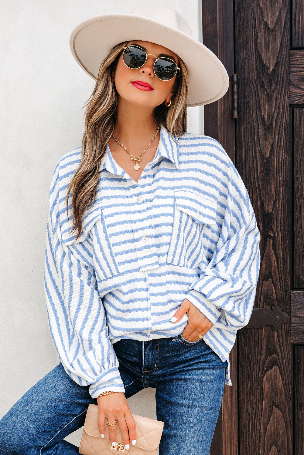 Sky Blue Stripe Half Button Collared Chest Pockets Loose Fit Blouse-Tops/Blouses & Shirts-[Adult]-[Female]-2022 Online Blue Zone Planet