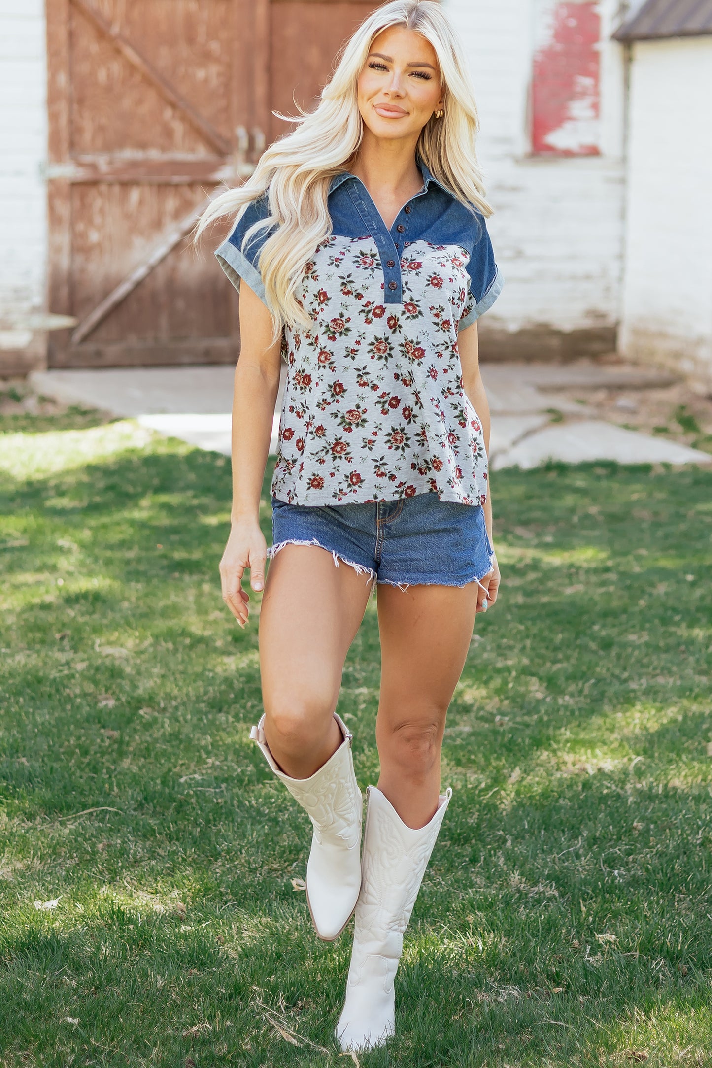 Gray Retro Floral Print Denim Patchwork Buttoned Polo Collar Top-Tops/Blouses & Shirts-[Adult]-[Female]-2022 Online Blue Zone Planet