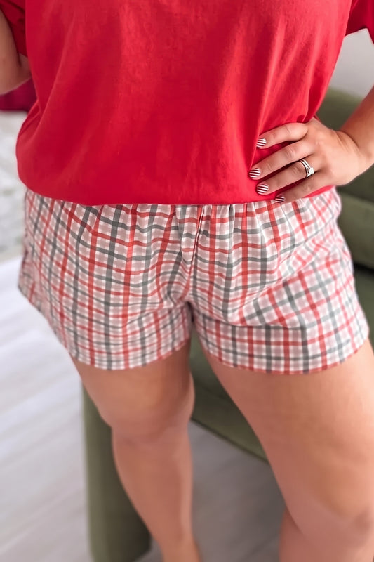 Red Plaid Print Casual Plus Size Shorts-Plus Size/Plus Size Bottoms-[Adult]-[Female]-Red-1X-2022 Online Blue Zone Planet