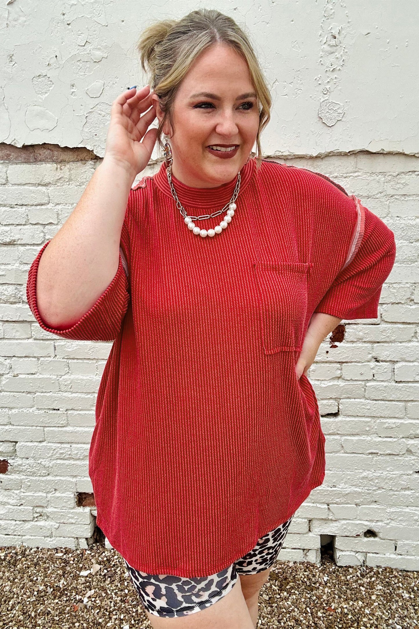 Fiery Red Twist Ribbed Tunic Round Neck Bracelet Sleeve Plus Size Blouse-Plus Size/Plus Size Tops/Plus Size Tops & Tees-[Adult]-[Female]-2022 Online Blue Zone Planet