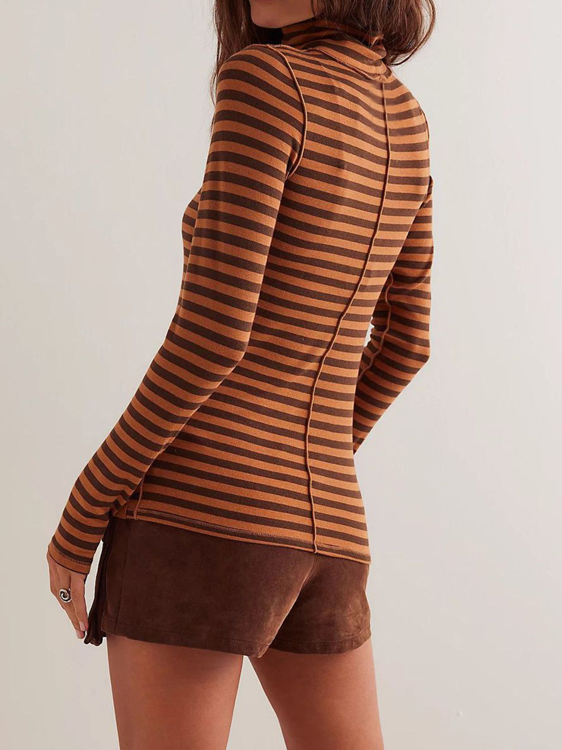 Exposed Seam Striped Turtleneck Long Sleeve T-Shirt-TOPS / DRESSES-[Adult]-[Female]-Brown-S-2022 Online Blue Zone Planet