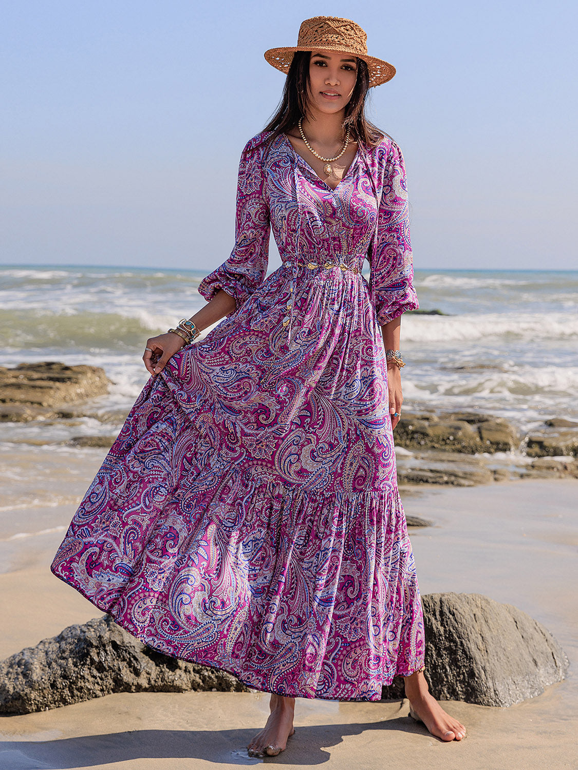 Printed Tie Neck Balloon Sleeve Maxi Dress-TOPS / DRESSES-[Adult]-[Female]-Heliotrope Purple-S-2022 Online Blue Zone Planet