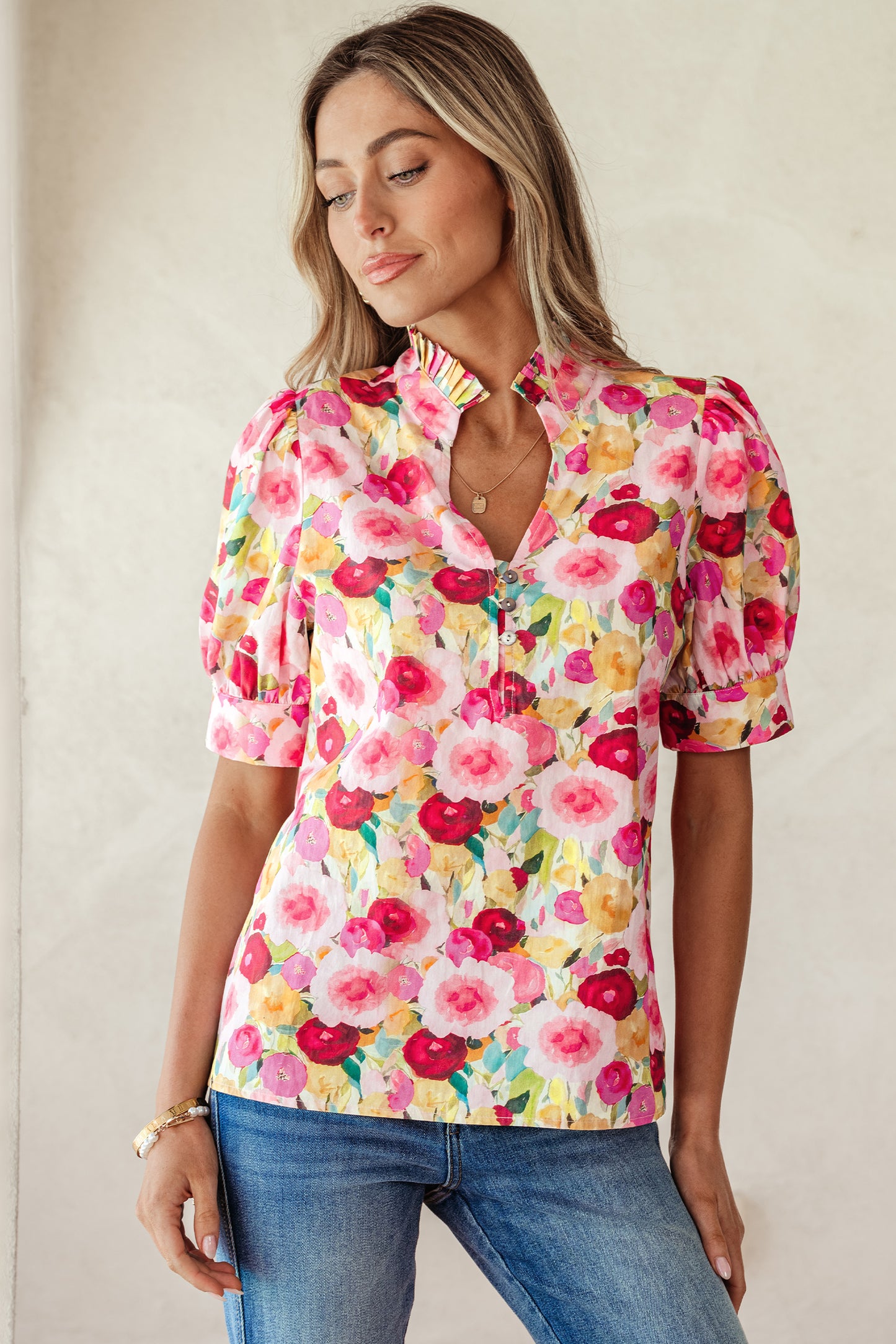 Pink Floral Frilled V Neck Puff Short Sleeve Blouse-Tops/Blouses & Shirts-[Adult]-[Female]-2022 Online Blue Zone Planet