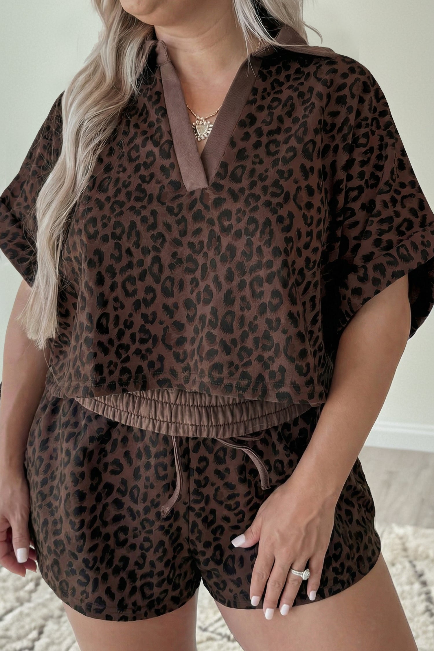 Brown Plus Size Leopard Short Set-Plus Size/Plus Size Loungewear-[Adult]-[Female]-Brown-1X-2022 Online Blue Zone Planet