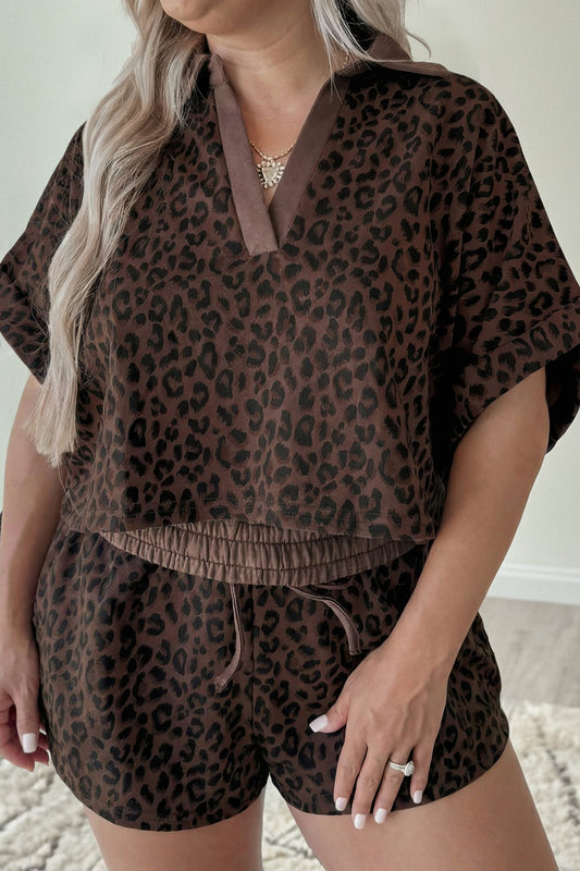 Brown Plus Size Leopard Short Set-Plus Size/Plus Size Loungewear-[Adult]-[Female]-Brown-1X-2022 Online Blue Zone Planet
