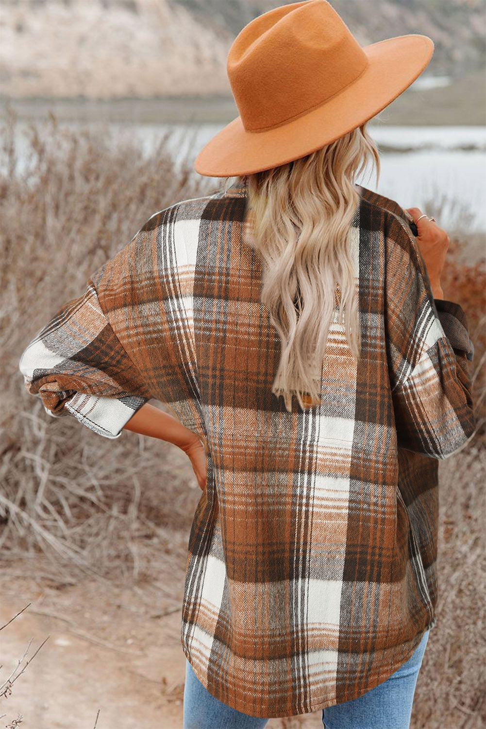 Brown Plaid Flap Pockets Shacket-Outerwear/Plaid Shackets-[Adult]-[Female]-2022 Online Blue Zone Planet