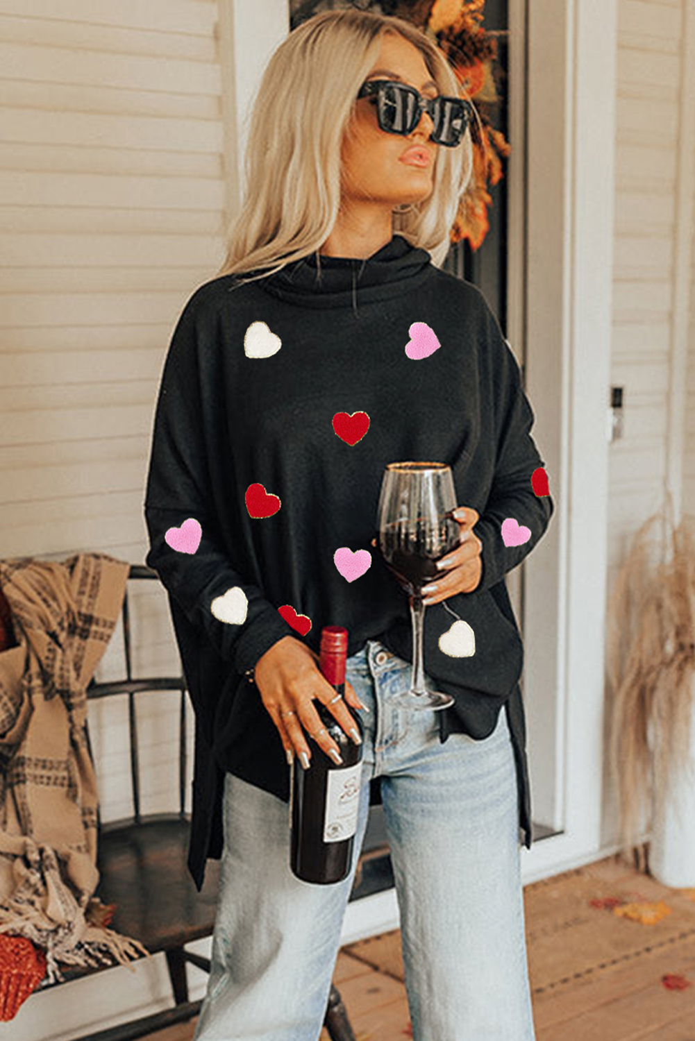 Black Valentines Chenille Heart Patched Dolman Sleeve High Neck Split Top-Graphic Apparel-[Adult]-[Female]-2022 Online Blue Zone Planet