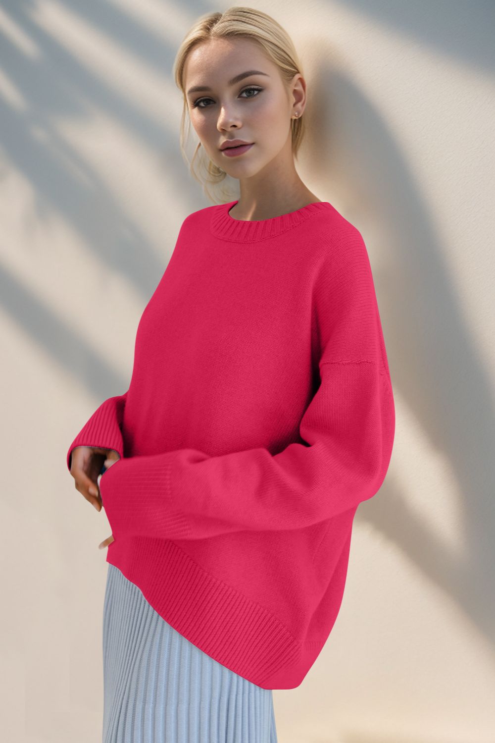 Basic Bae Round Neck Dropped Shoulder Sweater-TOPS / DRESSES-[Adult]-[Female]-2022 Online Blue Zone Planet