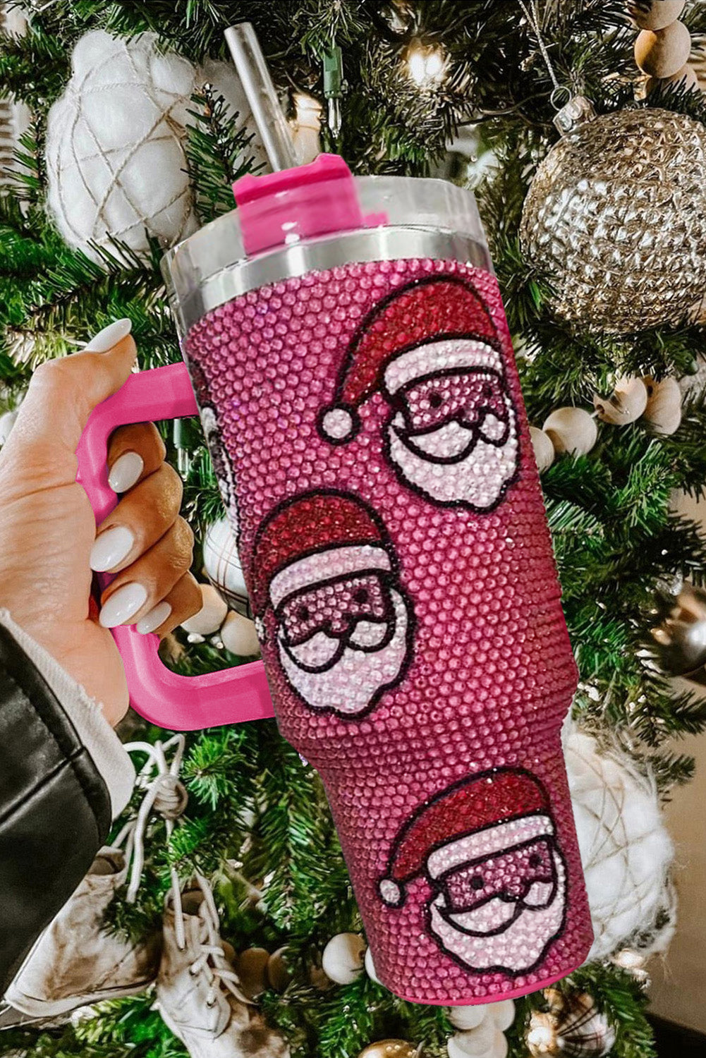 Rose Red Christmas Santa Claus Diamond Thermos Cup with Straw 40oz-Accessories/Tumblers-[Adult]-[Female]-Rose Red-ONE SIZE-2022 Online Blue Zone Planet