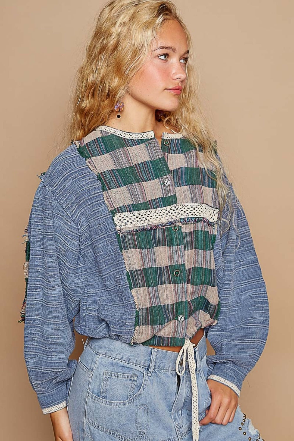 Blue Zone Planet | POL Round Neck Long Sleeve Plaid Shirt-TOPS / DRESSES-[Adult]-[Female]-2022 Online Blue Zone Planet