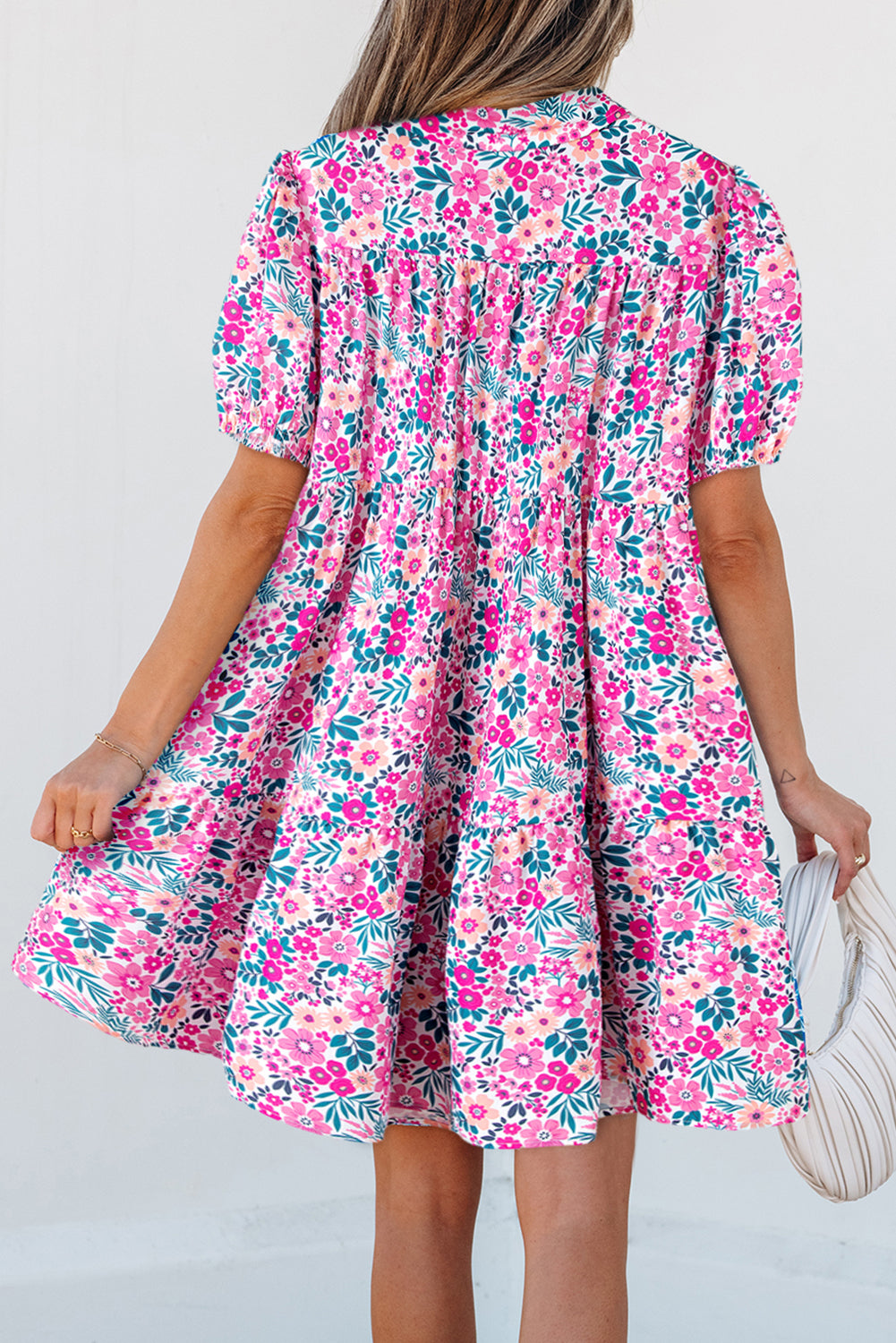 Pink Floral Collared Half Placket Short Sleeve Loose Dress-TOPS / DRESSES-[Adult]-[Female]-2022 Online Blue Zone Planet