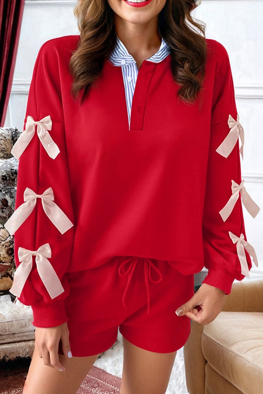 Racing Red Striped Collar Patchwork Satin Bow Sweatshirt and Shorts Set-Two Piece Sets/Short Sets-[Adult]-[Female]-Racing Red-S-2022 Online Blue Zone Planet