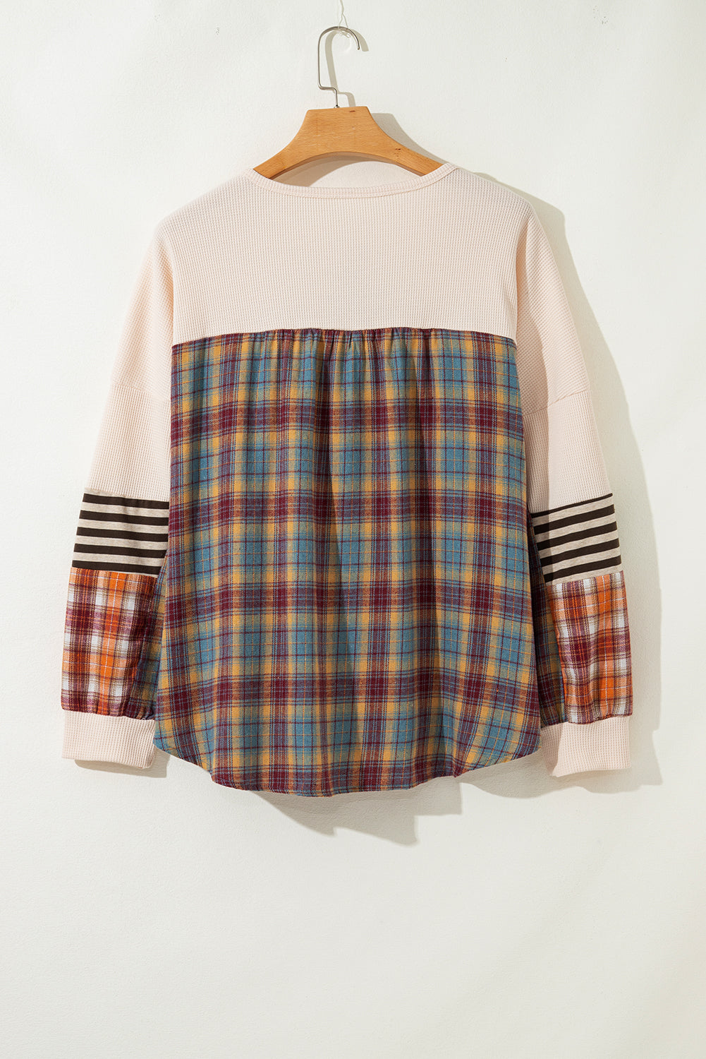 Parchment Plus Size Waffle Colorblock Striped Plaid Patchwork Half Button Pullover-Plus Size/Plus Size Tops/Plus Size Long Sleeve Tops-[Adult]-[Female]-2022 Online Blue Zone Planet
