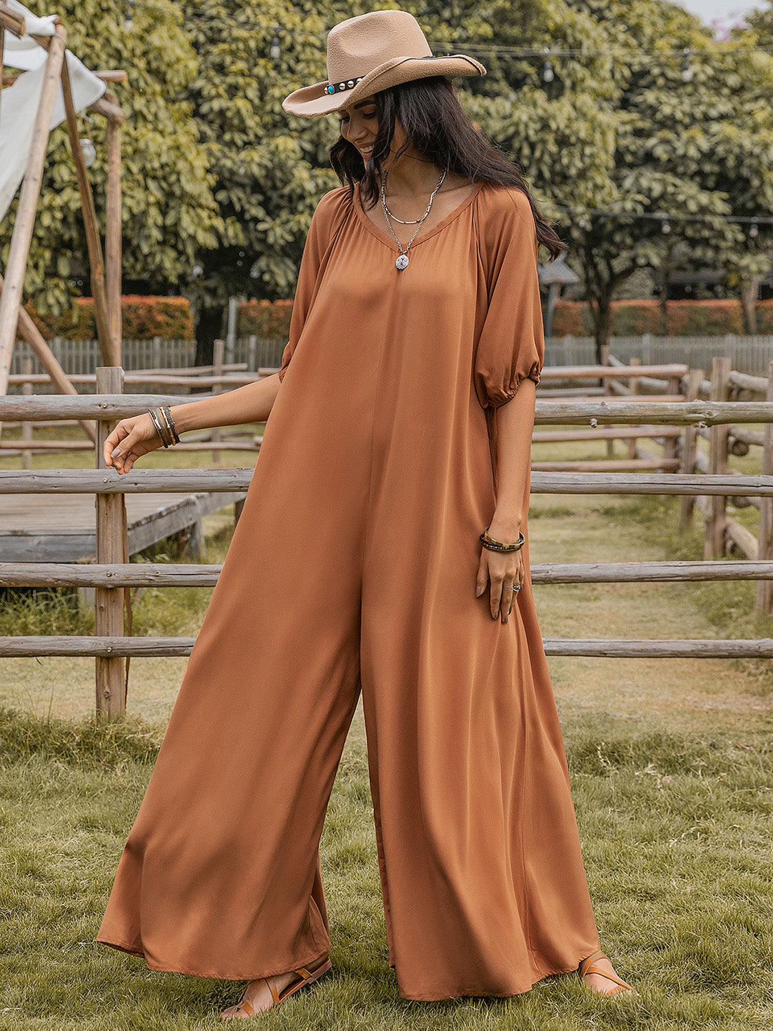 Scoop Neck Half Sleeve Wide Leg Jumpsuit-TOPS / DRESSES-[Adult]-[Female]-Caramel-S-2022 Online Blue Zone Planet