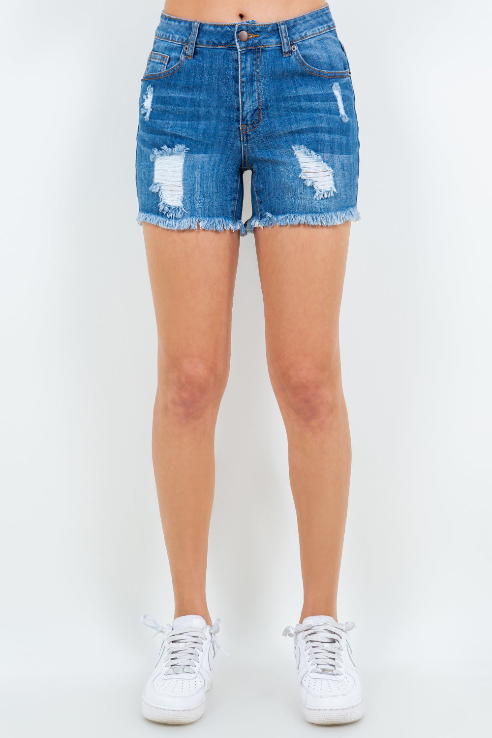 American Bazi High Waist Distressed Frayed Denim Shorts-BOTTOMS SIZES SMALL MEDIUM LARGE-[Adult]-[Female]-Blue-S-2022 Online Blue Zone Planet