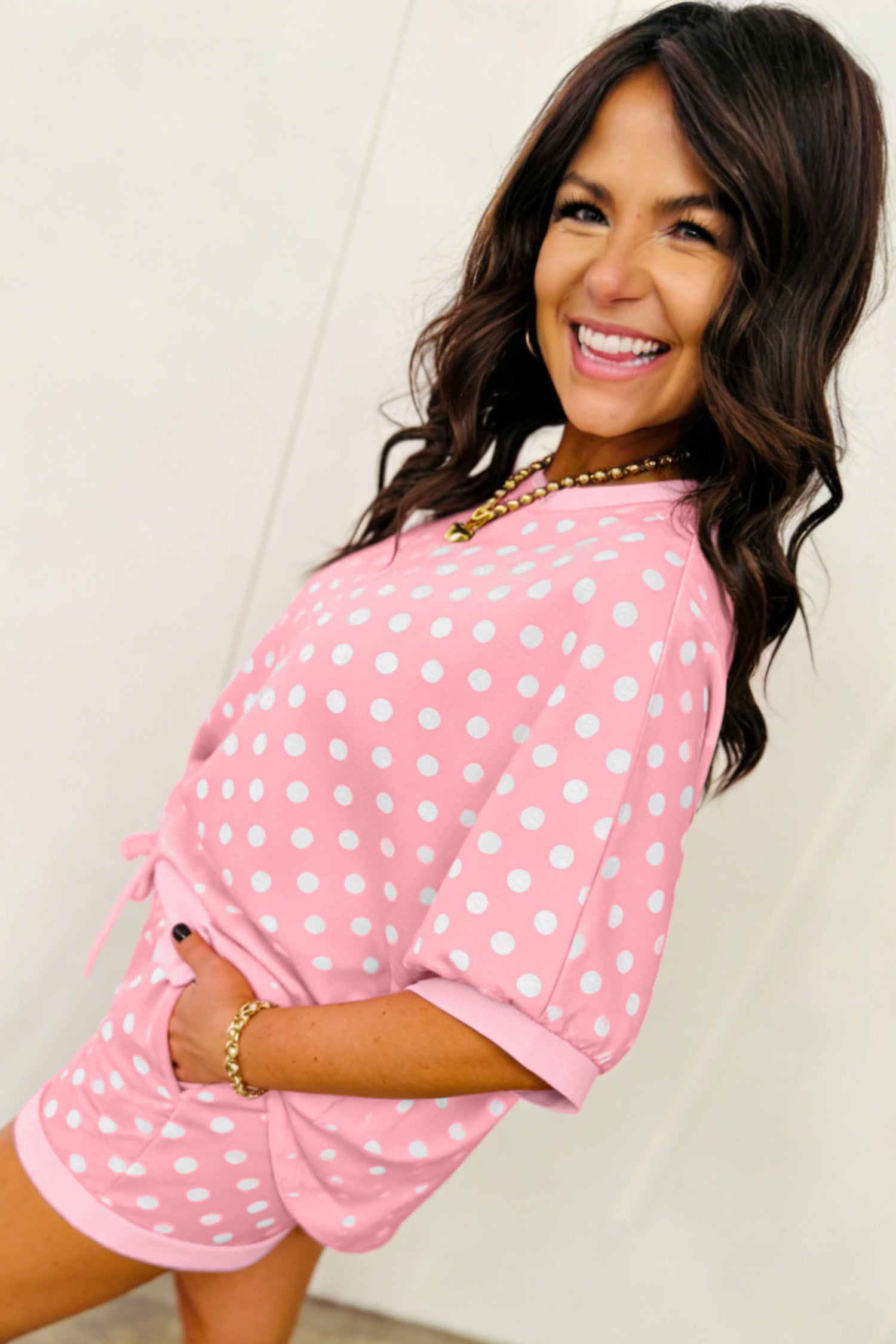 Sky Blue Polka Dot Oversized Top Drawstring Short Set-Two Piece Sets/Short Sets-[Adult]-[Female]-2022 Online Blue Zone Planet