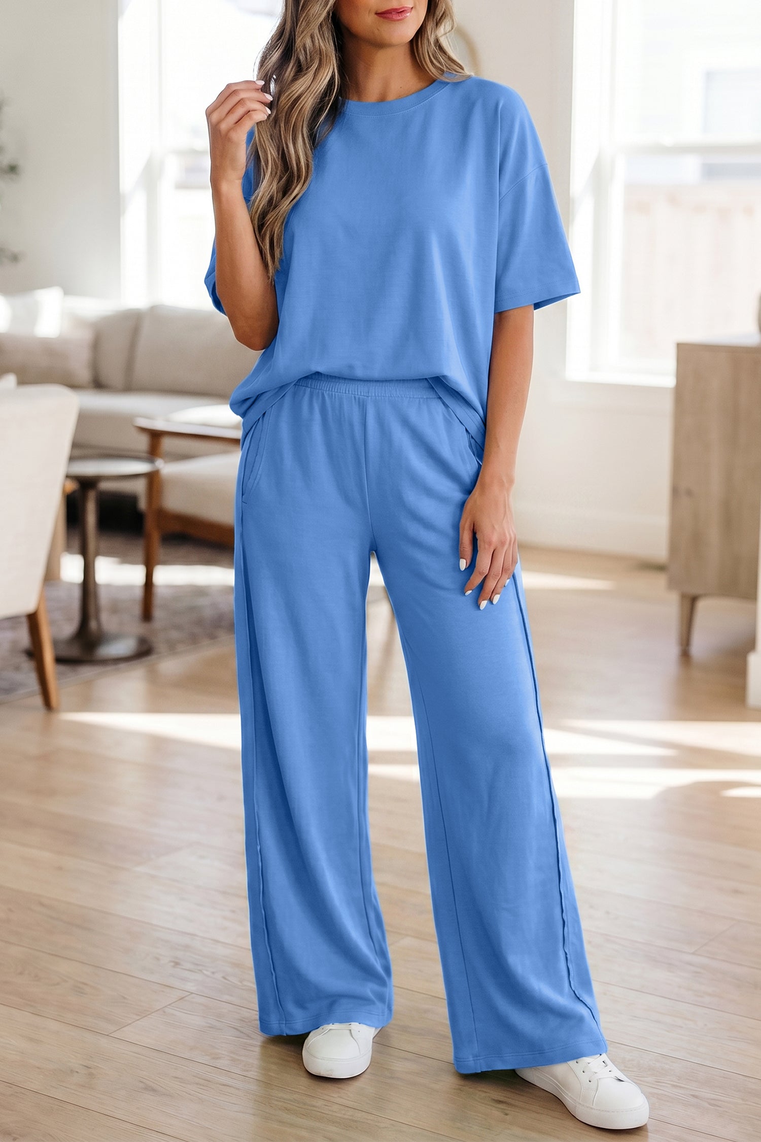 Sachet Pink Solid Cover Oversize Tee Pocketed Casual Pants 2pcs Outfit-Two Piece Sets/Pant Sets-[Adult]-[Female]-2022 Online Blue Zone Planet