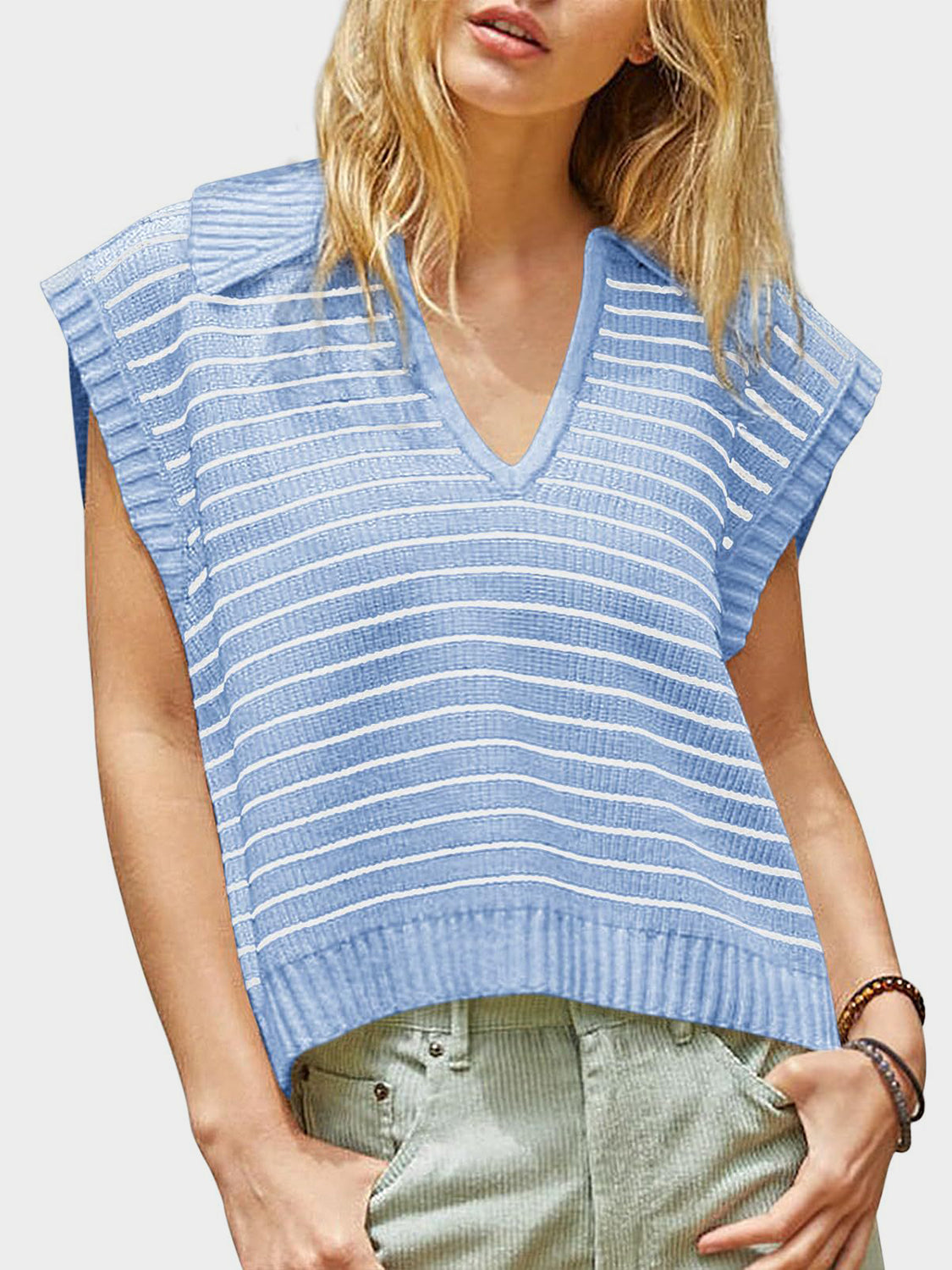 Blue Zone Planet | Mandy Collared Neck Striped Sweater Vest-TOPS / DRESSES-[Adult]-[Female]-2022 Online Blue Zone Planet