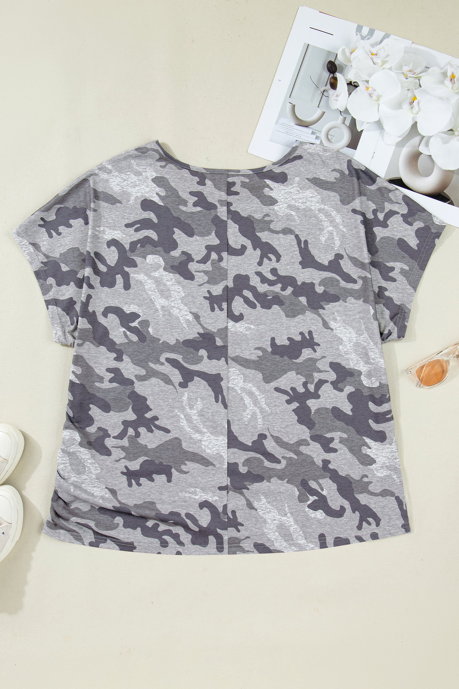 Gray Plus Size Camo Print Casual T Shirt-Plus Size/Plus Size Tops/Plus Size Tops & Tees-[Adult]-[Female]-2022 Online Blue Zone Planet