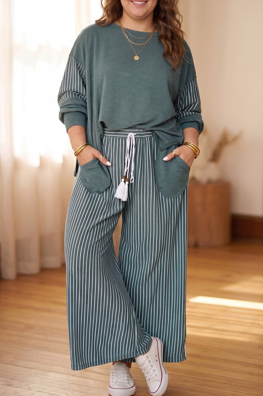 Green Bay Striped Patchwork Long Sleeve Casual Plus Size Two-piece Outfit-Plus Size/Plus Size Loungewear-[Adult]-[Female]-Green Bay-1X-2022 Online Blue Zone Planet