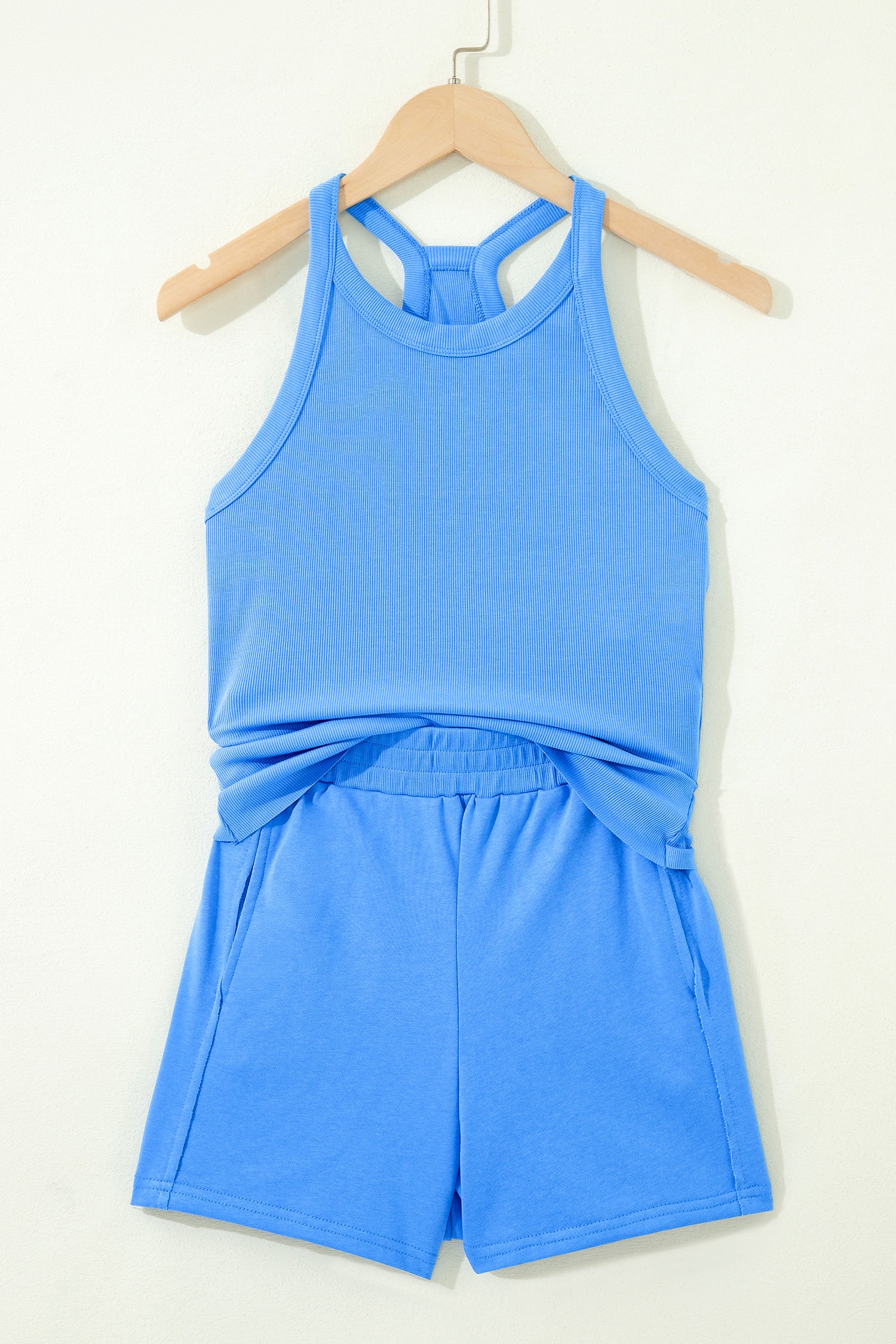 Sachet Pink Slim Tank Top Elastic High Waist Shorts 2pcs Outfit-Two Piece Sets/Short Sets-[Adult]-[Female]-2022 Online Blue Zone Planet