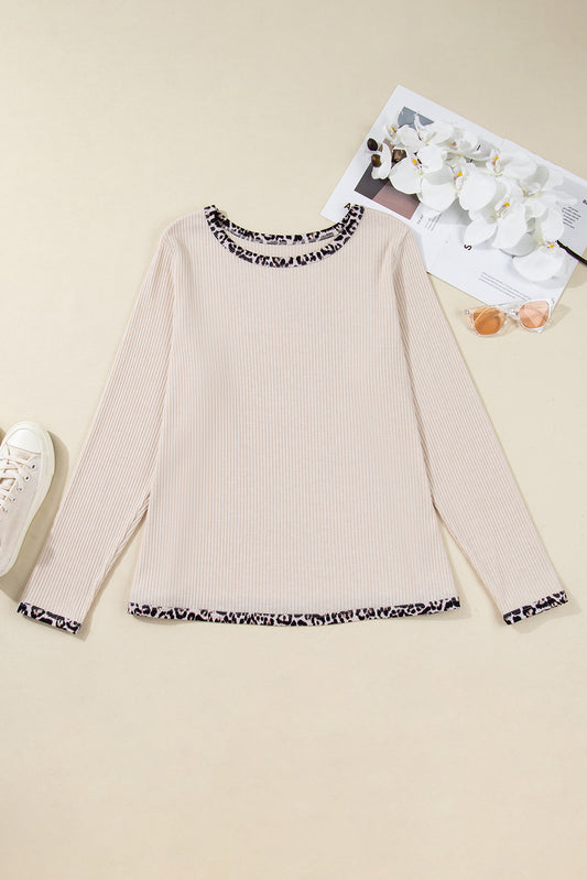 Parchment Ribbed Contrast Leopard Edge Round Neck Plus Knit Top-Plus Size/Plus Size Tops/Plus Size Long Sleeve Tops-[Adult]-[Female]-2022 Online Blue Zone Planet
