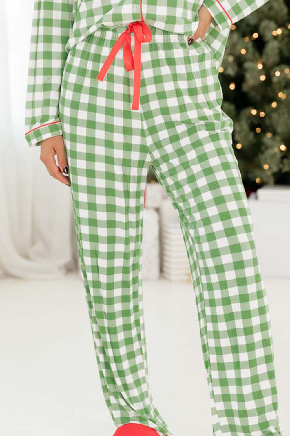 Light Green Christmas Plaid Print Shirt and Pants Pajama Set-Loungewear & Sleepwear/Sleepwear-[Adult]-[Female]-2022 Online Blue Zone Planet