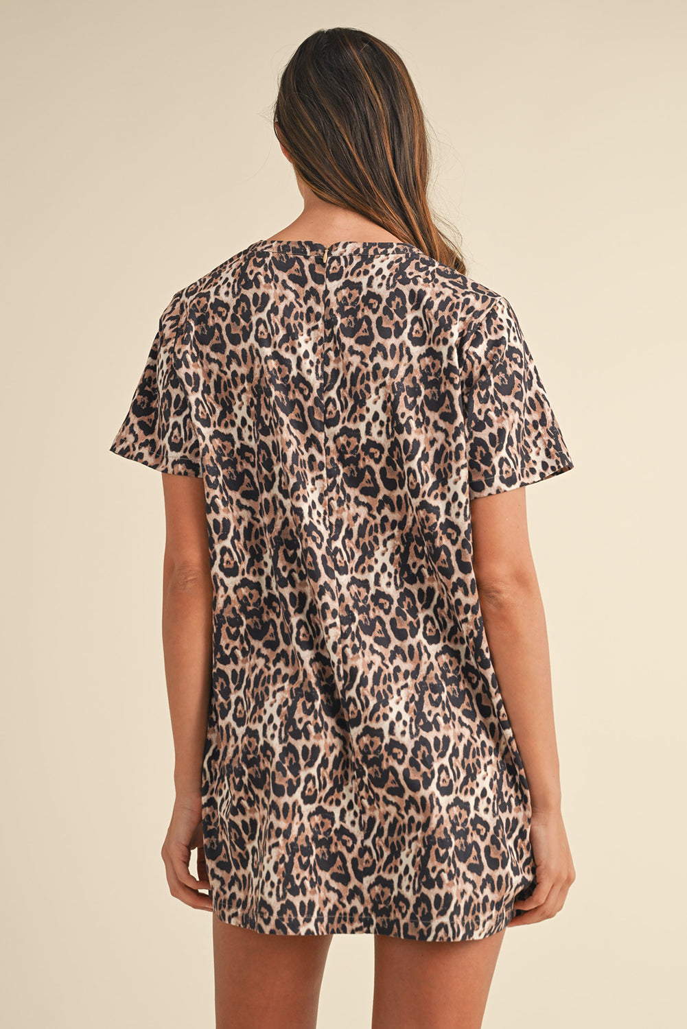 Brown Leopard Print Crew Neck Shift Short T Shirt Dress-TOPS / DRESSES-[Adult]-[Female]-2022 Online Blue Zone Planet