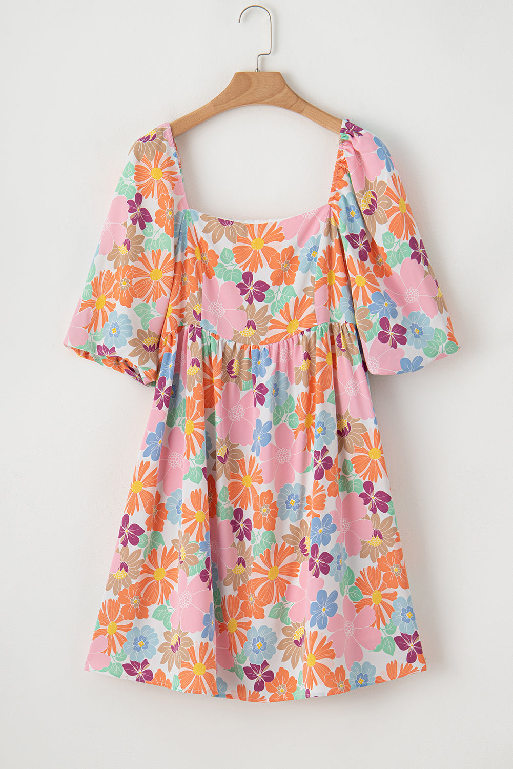 Blue Zone Planet |  Pink Summer Floral Square Neck Puff Sleeve Babydoll Dress Blue Zone Planet