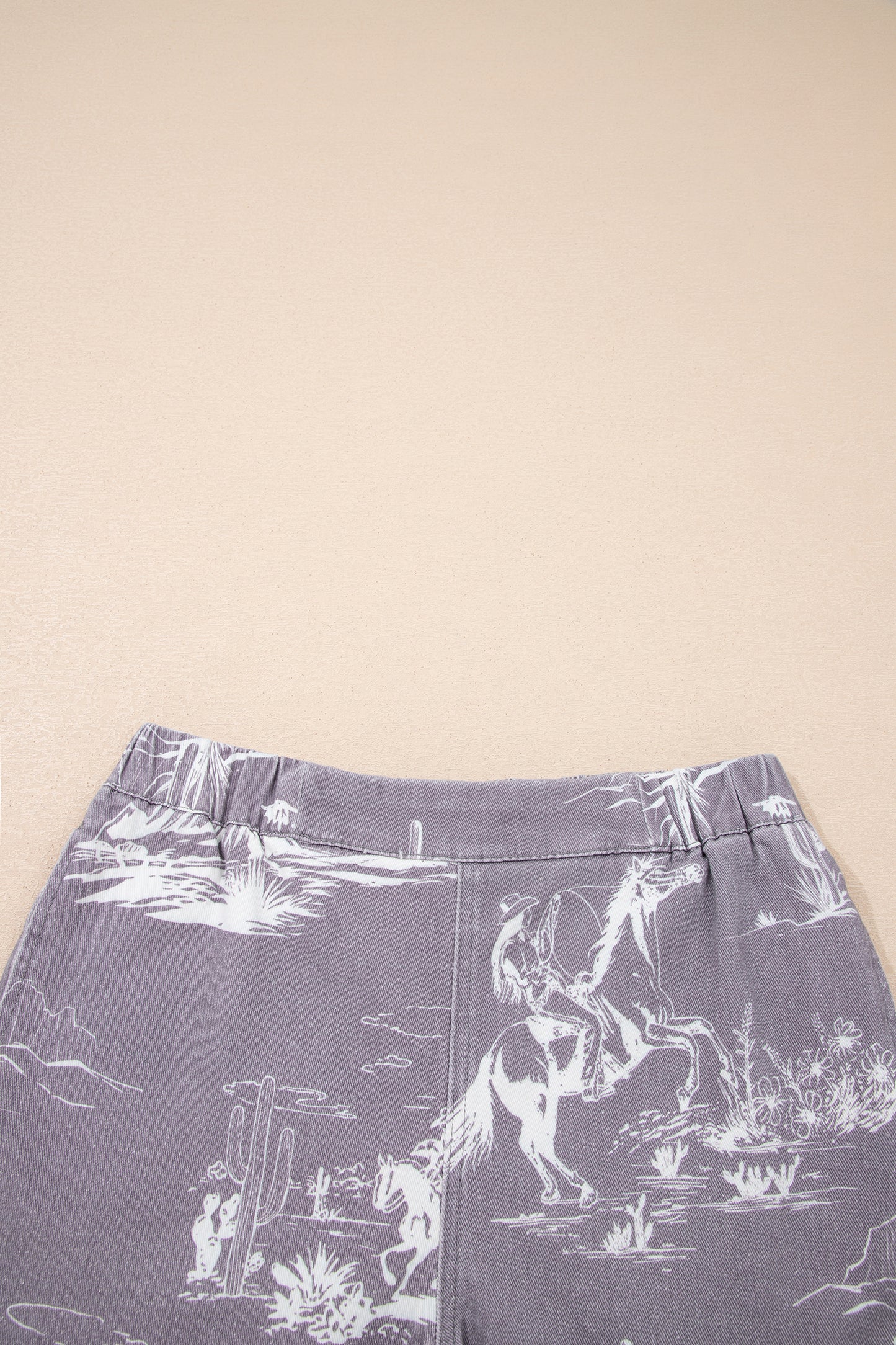 Gray Western Print Elastic Waist Cotton Denim Shorts-Bottoms/Denim Shorts-[Adult]-[Female]-2022 Online Blue Zone Planet