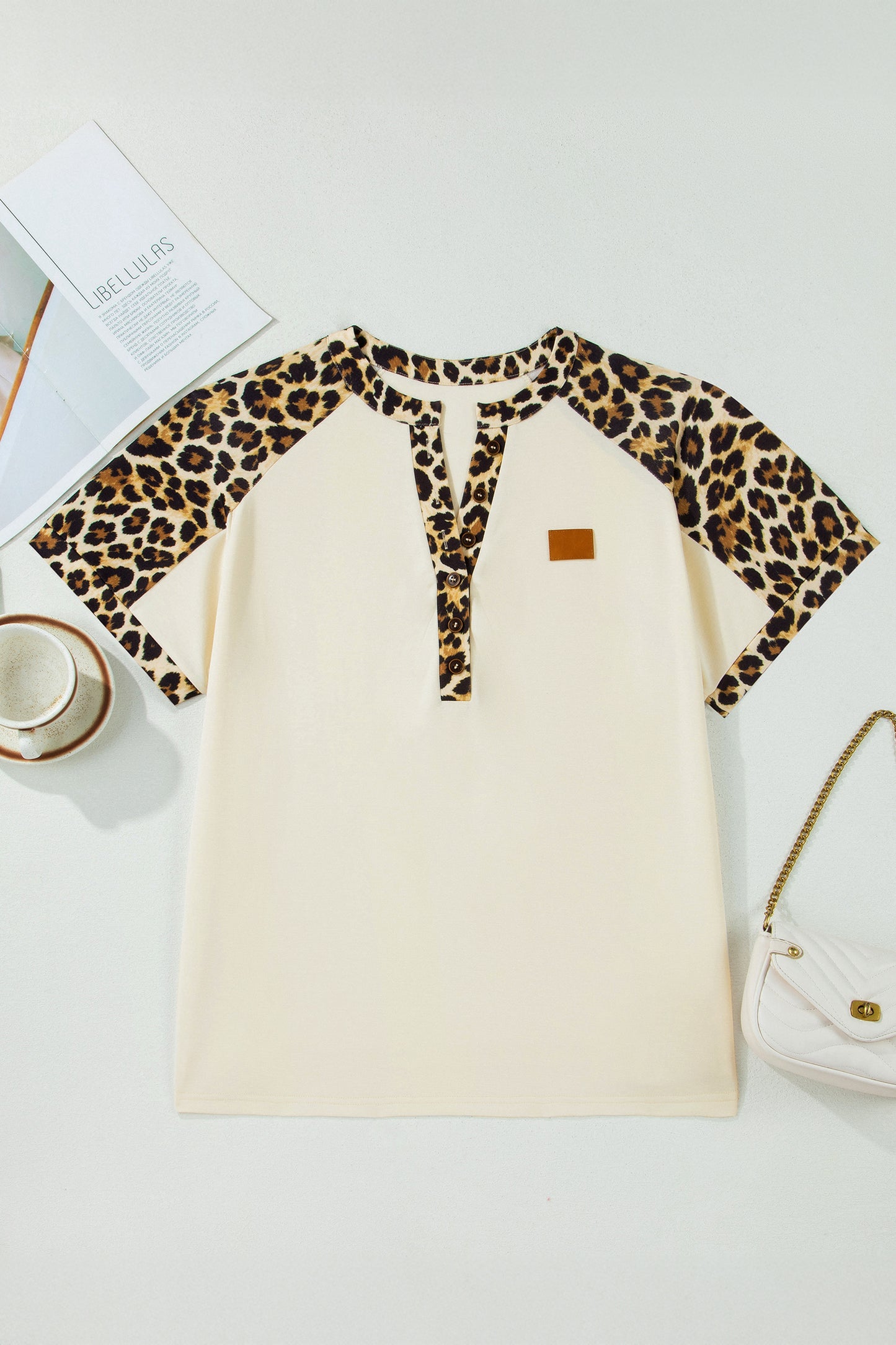 Beige Plus Size Leopard Contrast Patchwork Polo Tee-Plus Size/Plus Size Tops/Plus Size Tops & Tees-[Adult]-[Female]-2022 Online Blue Zone Planet