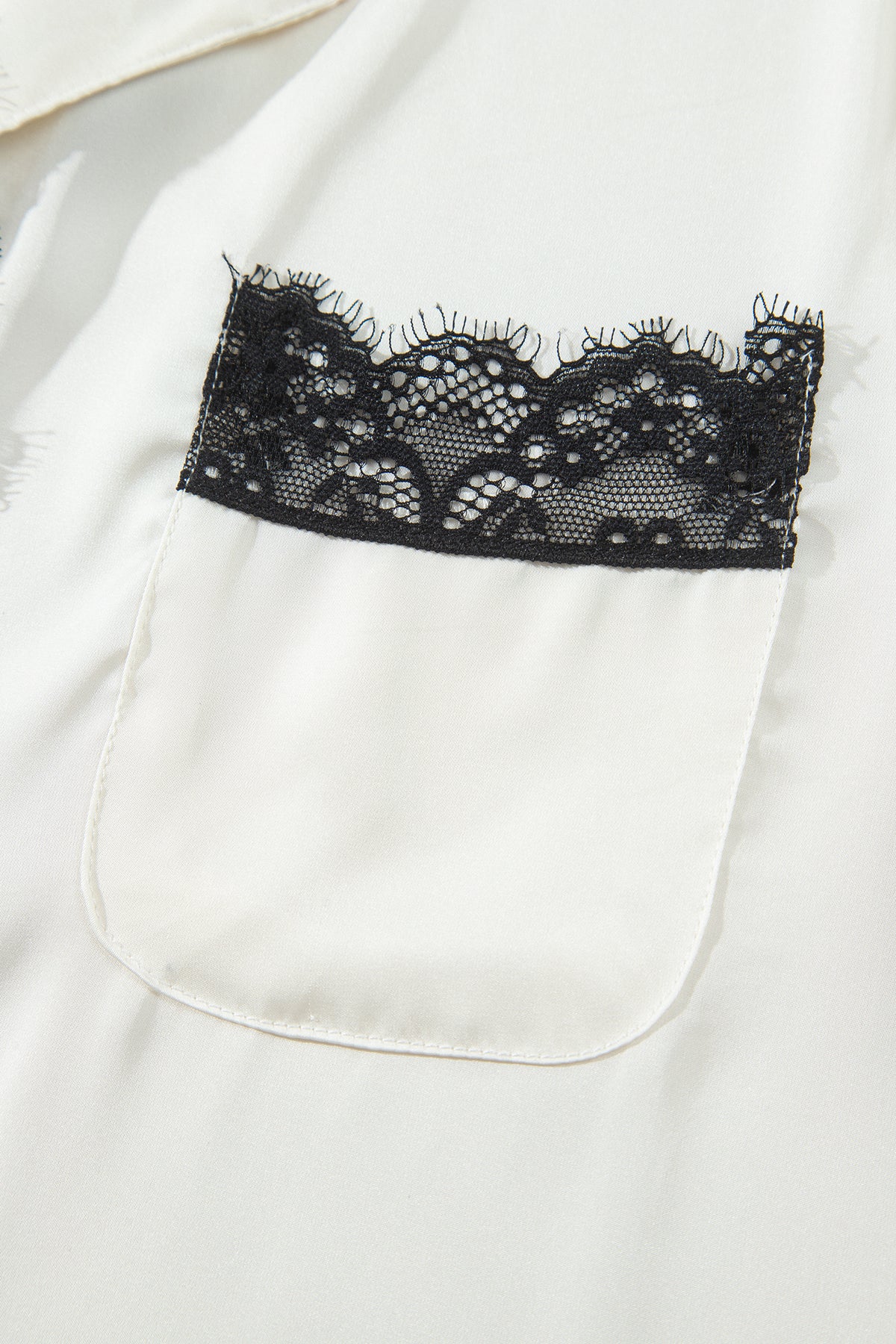 White Long Sleeve Lace Trim Button Front 2pcs Pajama Set