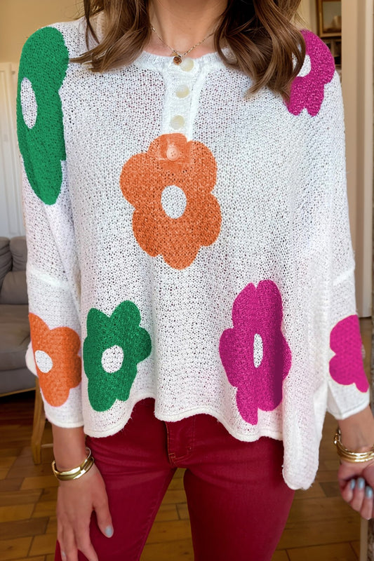 Flower Round Neck Quarter Button Knit Top-TOPS / DRESSES-[Adult]-[Female]-White-S-2022 Online Blue Zone Planet